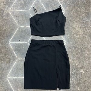 women’s black two piece set sexy tank crop top skirt slit bodycon vntg small